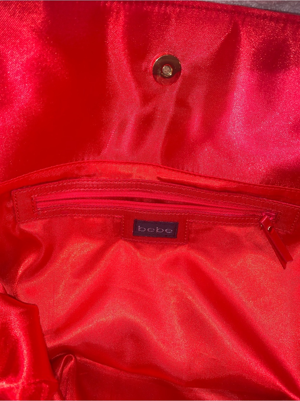 bebe Red Satin Shoulder Tote with Gold Chain Accents - Picture 7 of 10